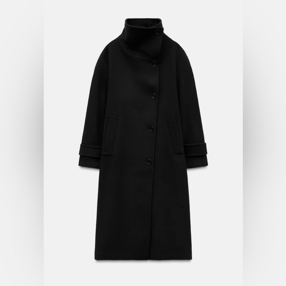Zara Black Long Wool-Blend Pea Coat